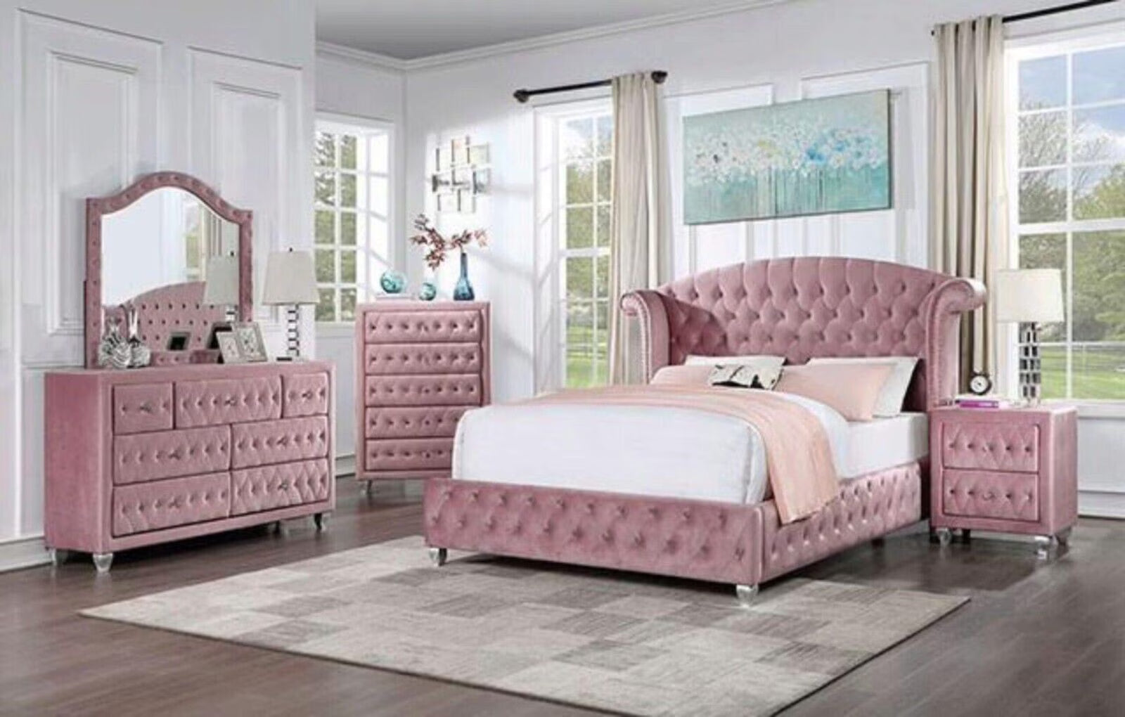 Glam Pink Upholstered Tufted Velvet Like Fabric 4pc Full Size Bed Set Dresser Mirror Nightstand Bedroom Furniture