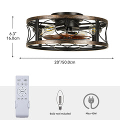 Dextrus 20" Caged Ceiling Fan with Lights and Remote Control, Rustic Farmhouse Flush Mount Design with Reversible DC Motor, 6 Speed Settings for Indoor/Outdoor Use (Brown & Black)