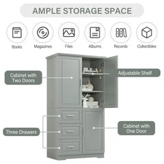 Bathroom Cabinet, 62.2" Tall Storage Cabinet with Doors and Shelves, Freestanding Linen Closet for Bathroom, Kitchen, Living Room, Grey