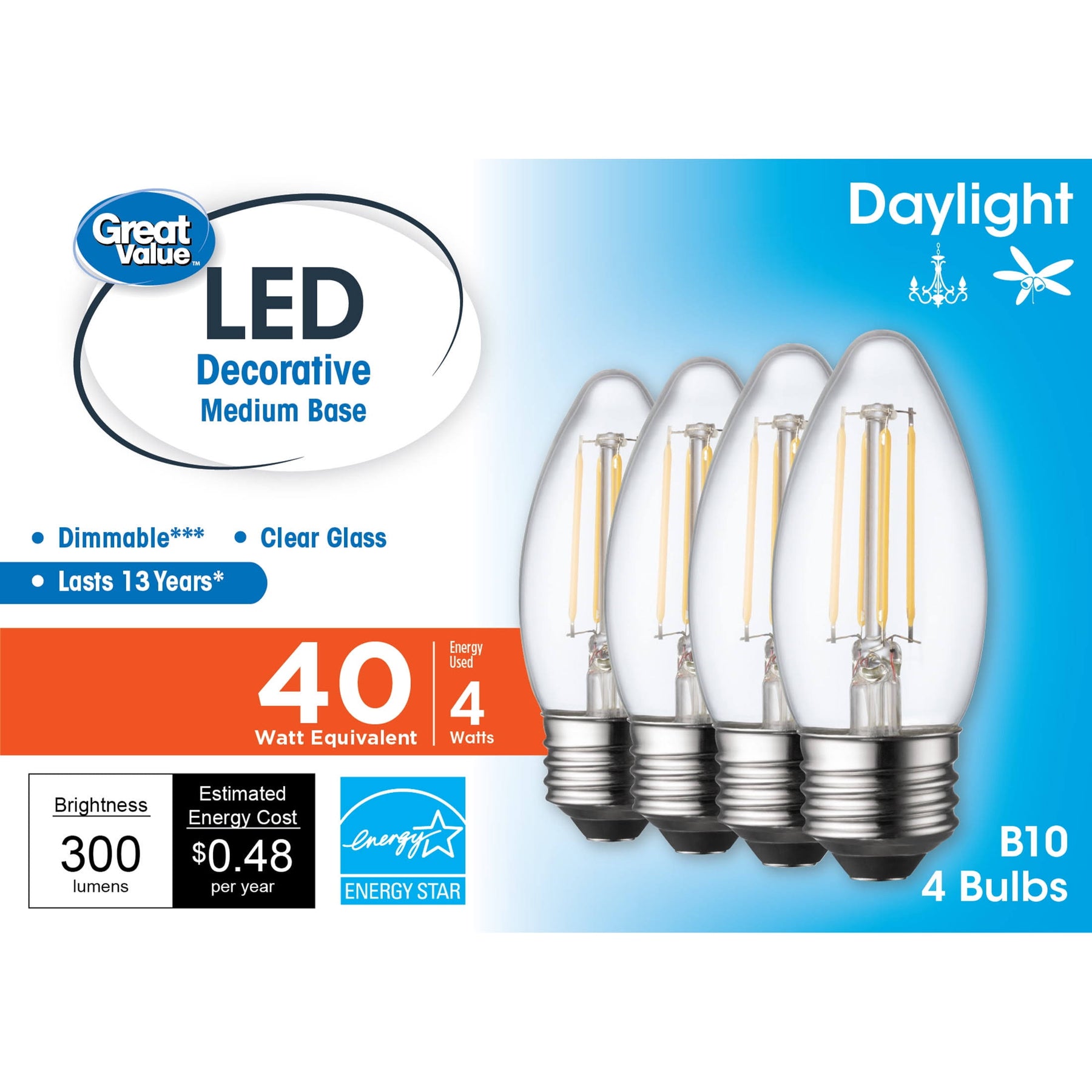 Great Value LED Light Bulb, 4 Watts (40w Equivalent) B10 Deco Lamp E26 Medium Base, Dimmable, Daylight, 4-Pack