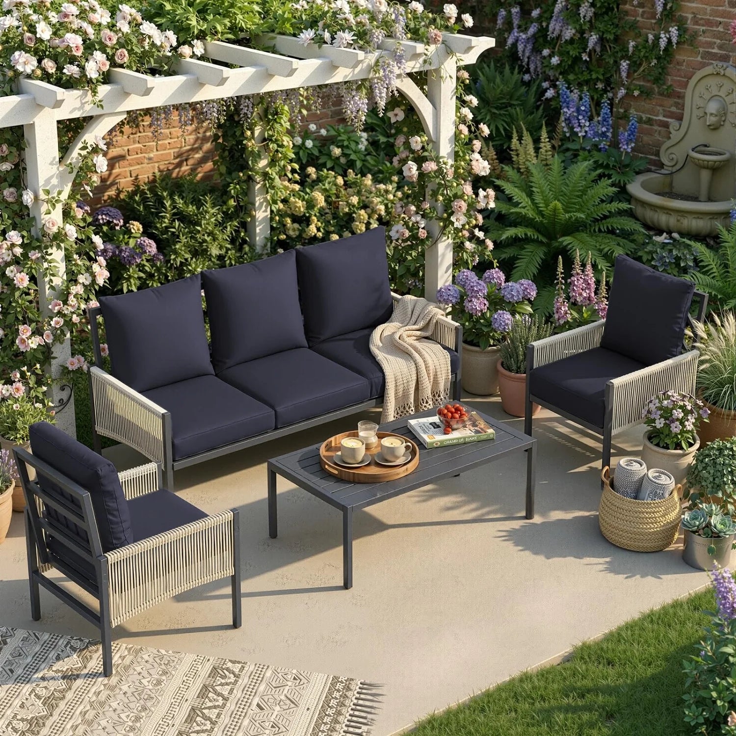 AECOJOY Aluminum Patio Furniture Set - 5 Seat Outdoor Sectional with Retractable Footrest Sofas & Coffee Table