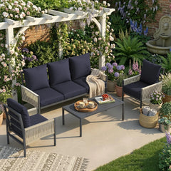 AECOJOY Aluminum Patio Furniture Set - 5 Seat Outdoor Sectional with Retractable Footrest Sofas & Coffee Table