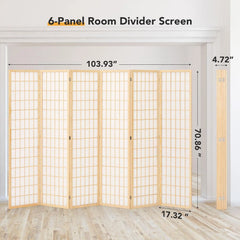 JOSTYLE Room Divider Wall Shoji Screen, 6 Panel Folding Privacy Screen for Room Separation, Japanese Wood Room Divider Screen, 5.9 Ft, Natural