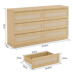 Garvee Rattan Dresser for Bedroom 6 Drawer, Double Dresser with Anti - Tip Kit, Wood Storage Wide Chest of Drawers for Bedroom, Living Room, Hallway, Oak Color