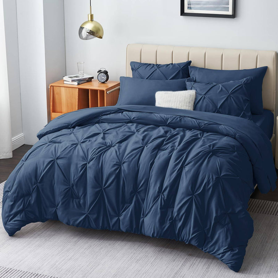 CozyLux King Size Comforter Set - 7 Pieces Comforters King Size Navy Blue, Pintuck Bed in A Bag Pinch Pleat Bedding Sets with Al