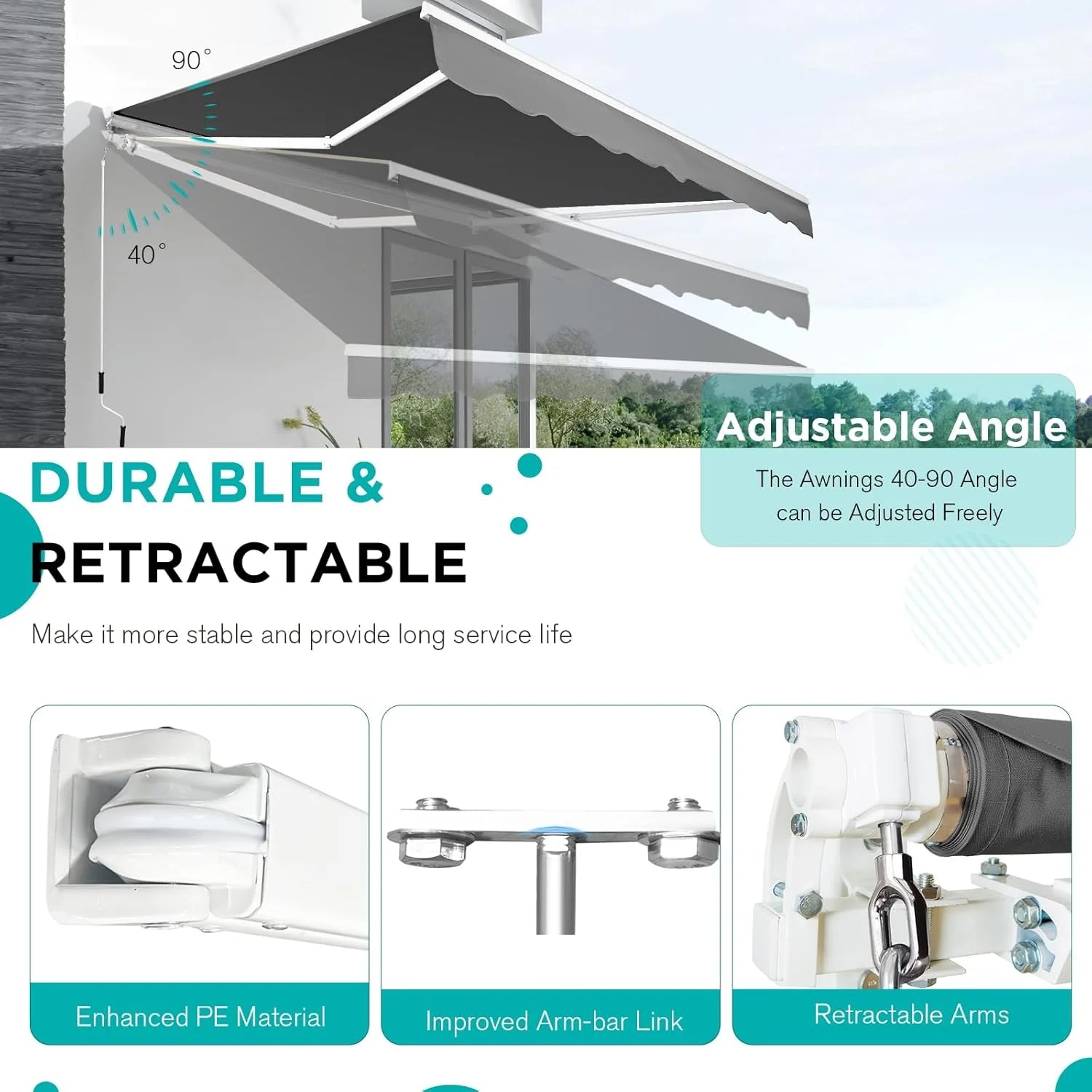AECOJOY 14'x10' Manual Retractable Awning Sun Shade, Patio Awning Canopy