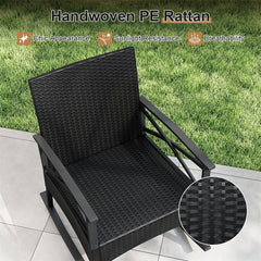 3 Piece Rattan Patio Rocking Bistro Set, Outdoor Wicker Rockers with Cushions & 2-Tier Tempered Glass Coffee Table for Porch, Balcony, Backyard