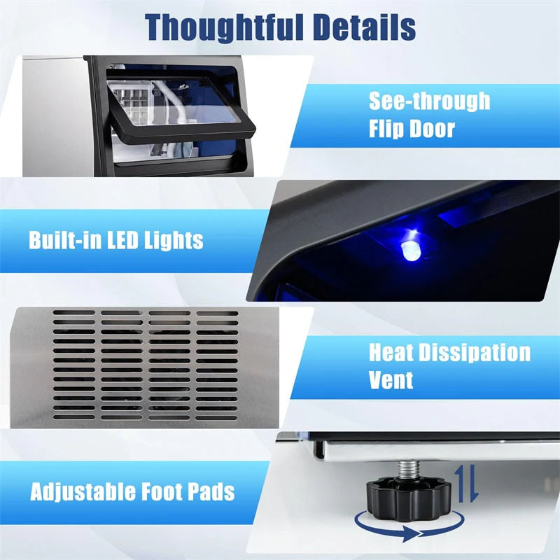 110 LBS/24H Commercial Ice Maker, Stainless Steel Ice Machine with 25 LBS Storage, 36 Cubes in 13 Mins, Self-Cleaning & Water Filter for Home Bar Cafe
