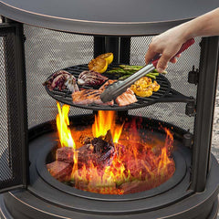 30" 2-in-1 Metal Chiminea Fire Pit with Adjustable Grill & Chimney, Outdoor Wood Burning Chiminea Fireplace with Spark Screen for Patio Backyard BBQ