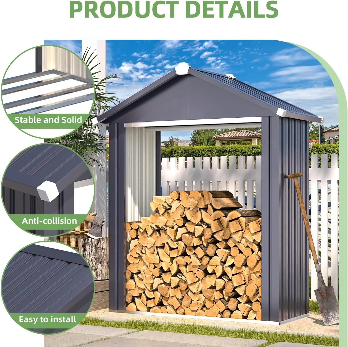 AECOJOY 5x2 Outdoor Storage Shed, Firewood Rack Waterproof Metal Tool Sheds