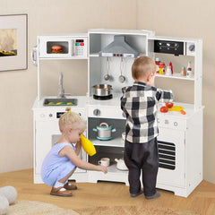 Wooden Corner Kids Kitchen Playset with Real Sounds & Lights, Range Hood, Little Chef Pretend Play Kitchen for Toddlers