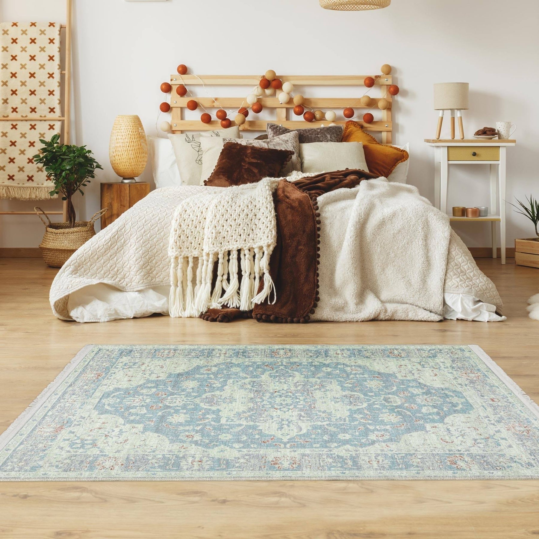 Ottomanson Machine Washable Cotton 4x6 Flatweave Area Rug for Living Room, 4' x 6', Greenish Blue Medallion