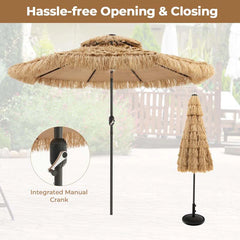 9FT Thatched Tiki Patio Umbrella with 33 Solar LED Lights, Hawaiian Style 2-Tier Hula Beach Umbrella with Tilt & Crank for Pool, Backyard, Garden