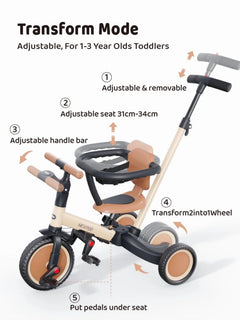 Newyoo TR008 5 - in - 1 Toddler Tricycle with Push Handle, Converts to Balance Bike for 1 - 3 Year Old, Khaki