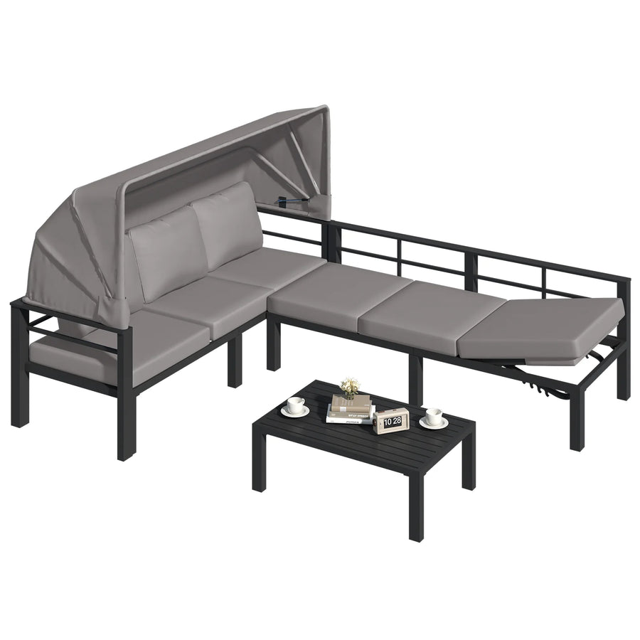 AECOJOY Patio Furniture Set with Retractable Canopy&2 Adjustable Backrests, Outdoor Conversation Set, Grey
