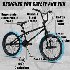 Cubsala 20 in Kids BMX Bike Freestylefor Age 6 - 14 Years Old Boys Girls with 4 Pegs, Black with Red Tires