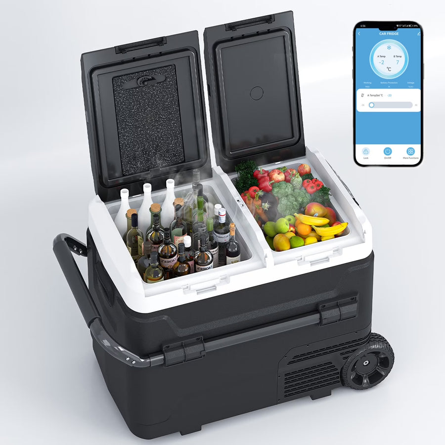 DISHUP 12V Portable Car Refrigerator, 53QT(50 L) Electric Cooler with Dual Zone, DC & AC, Ideal for RV, Camping, Travel, Truck