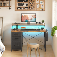 40 in Computer Desk with Power Outlets & LED Lights, Home Office Desk with 3 Drawers & Adjustable Monitor Shelf, , Writing Desk with Storage Bag, Vintage