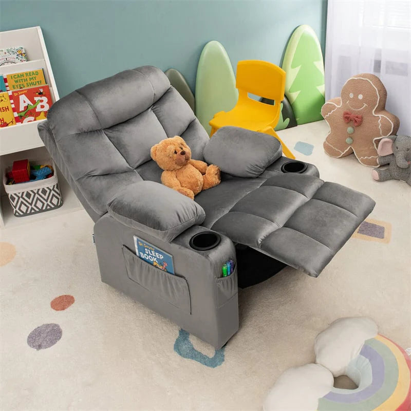 Kids Recliner Chair Adjustable Velvet Lounge Sofa with Cup Holders, 3 Pockets, Retractable Footrest, Toddler Furniture Sofa for Boys Girls Room