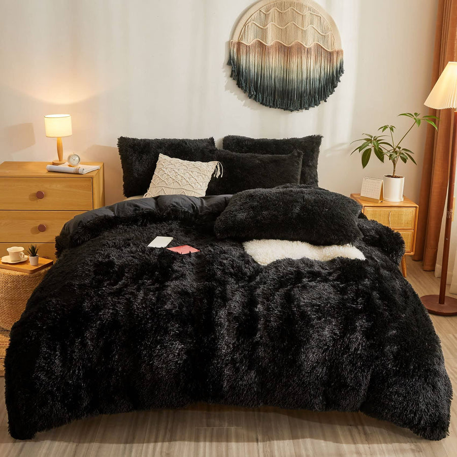 Besfunny Fluffy Black Shaggy Plush Comforter Cover Set,Ultra Soft Faux Fur Duvet Cover Bedding Sets Queen 3 Pieces with Pillow Cases, Black Bed Set