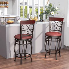 26" Vintage Swivel Bar Stools Set of 2, Counter Height Metal Barstools with Back & Upholstered PU Leather Padded Seat for Pub, Kitchen Island
