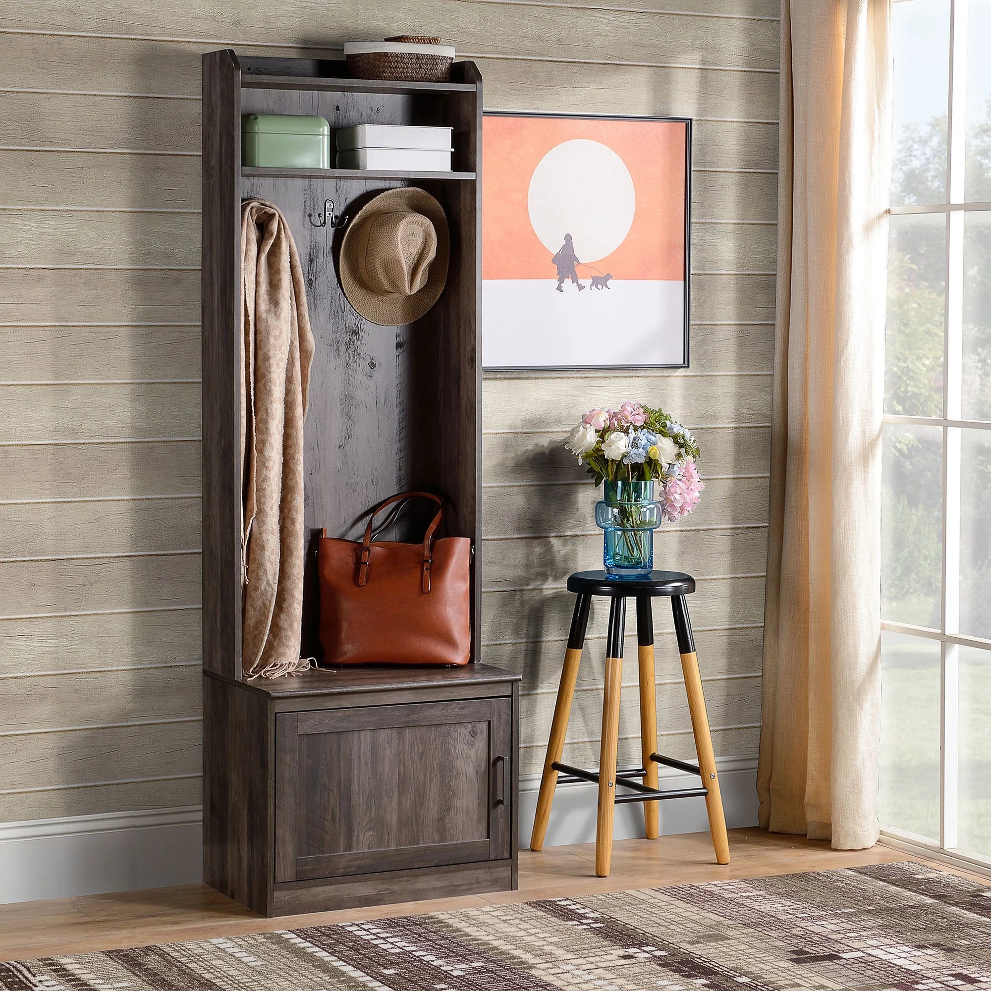 HOMCOM Rustic Hall Tree with Shoe Storage Bench, Entryway Bench with Coat Rack, Accent Coat Tree with Storage Shelves for Hallway, Mudroom, White
