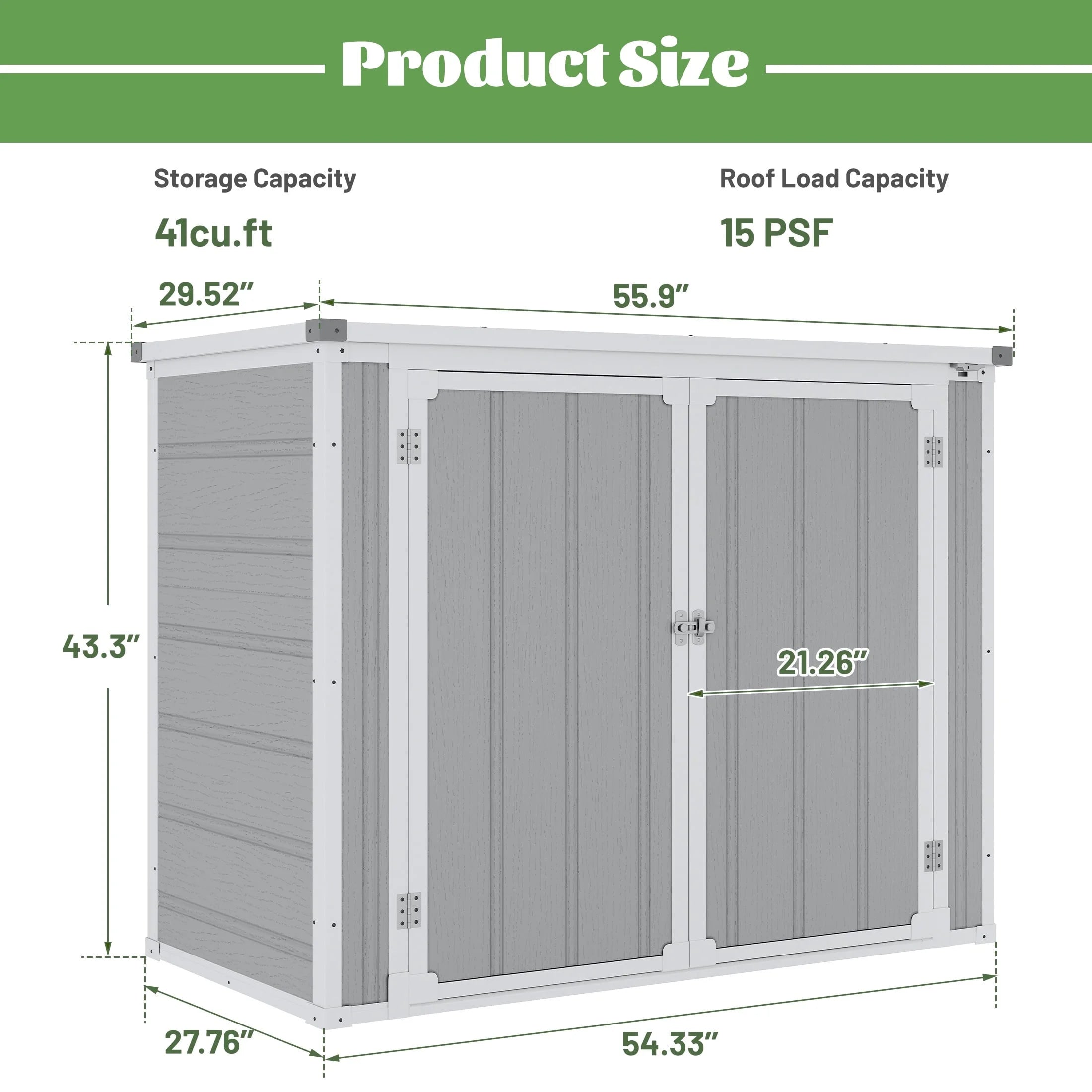 41 Cu.ft Outdoor Shed, Horizontal All - Weather Resin Storage Shed, Resistant Tool Shed for Storage of Bike/Trash Cans/Garden Tools/Lawn Mowers, 55.9"l x 29.52"w x 43.3"h Gray