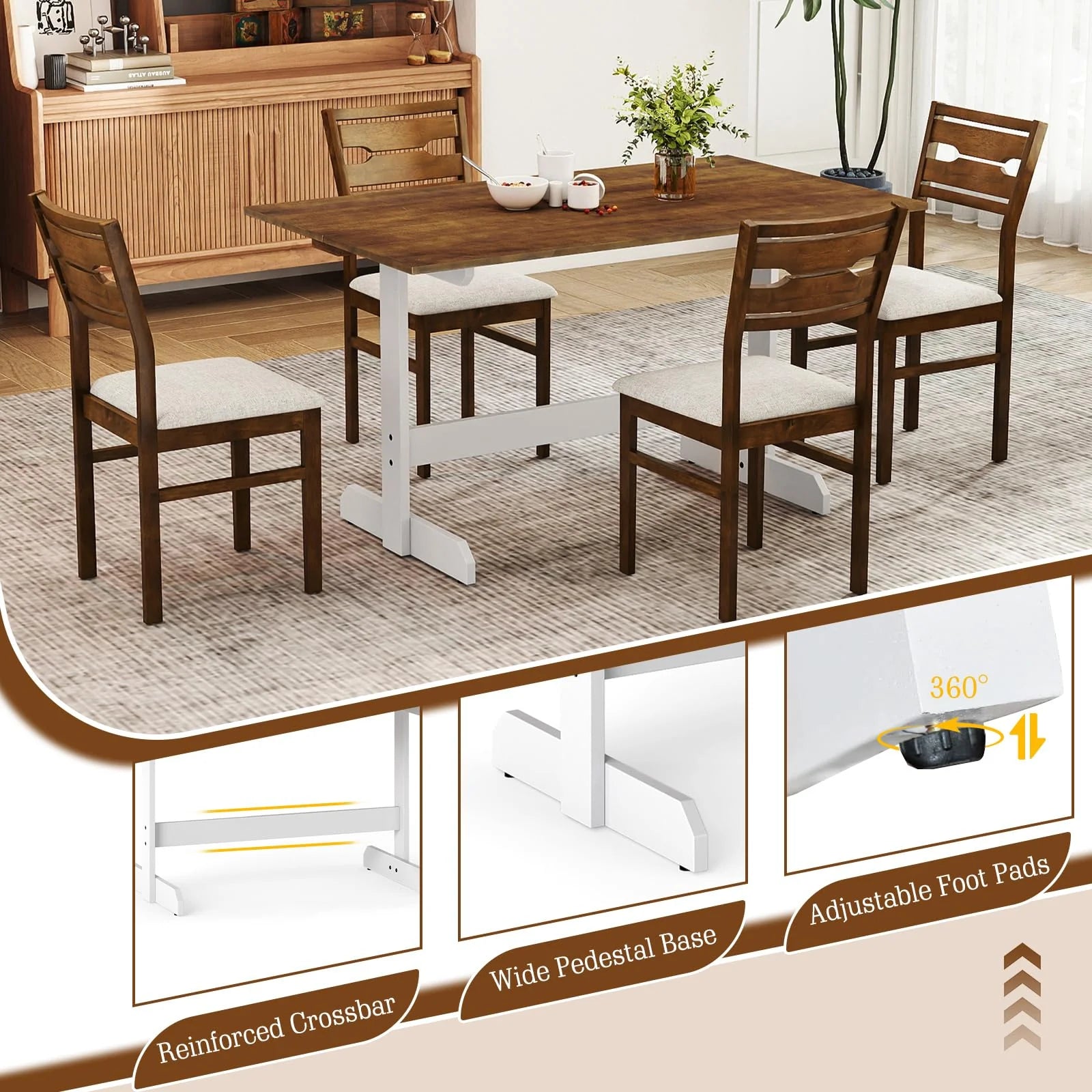 Tangkula 55 Inch Dining Table for 4-6 People Rectangular Kitchen Table with Solid Wood Trestle Base