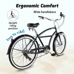 TRACER TAHA Beach Cruiser Bike for Men, 26 in Wheels, Hi Ten Steel Frame, 7 Speed, Hybrid Bike for Adults, Complete Cruiser Bikes, Coaster Brake, Matte Black