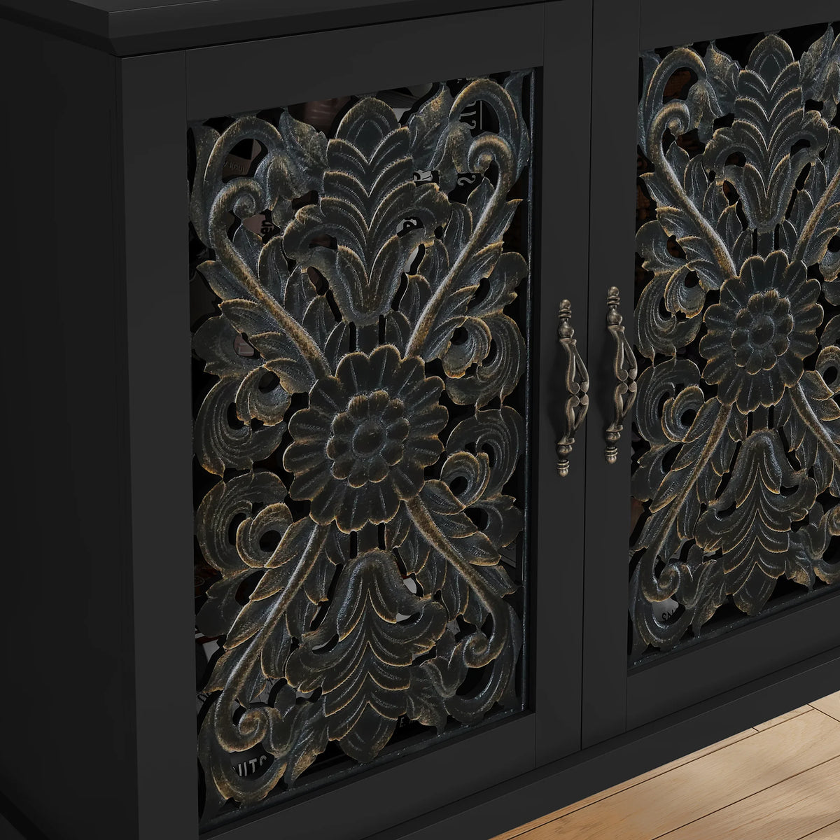 HLR 48" Accent Cabinet with 4 Doors, Vintage Hollow Carving Storage Credenza, Sideboards and Buffets Cabinet for Living Room, Kitchen, Dining Room, Entryway