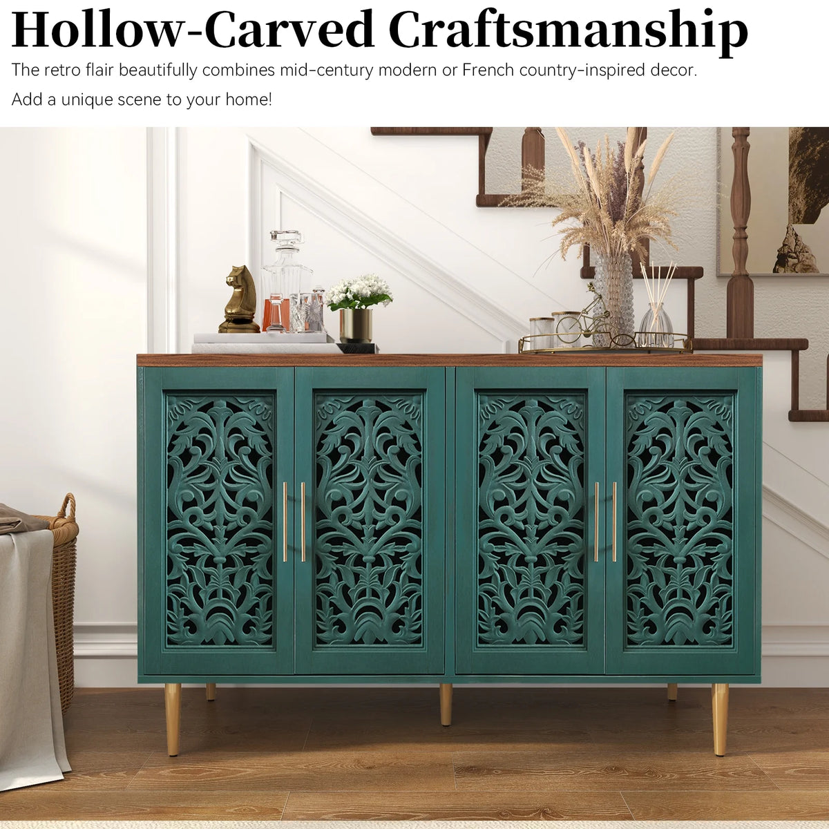 HLR 48" Accent Cabinet with 4 Doors, Vintage Hollow Carving Storage Credenza, Sideboards and Buffets Cabinet for Living Room, Kitchen, Dining Room, Entryway