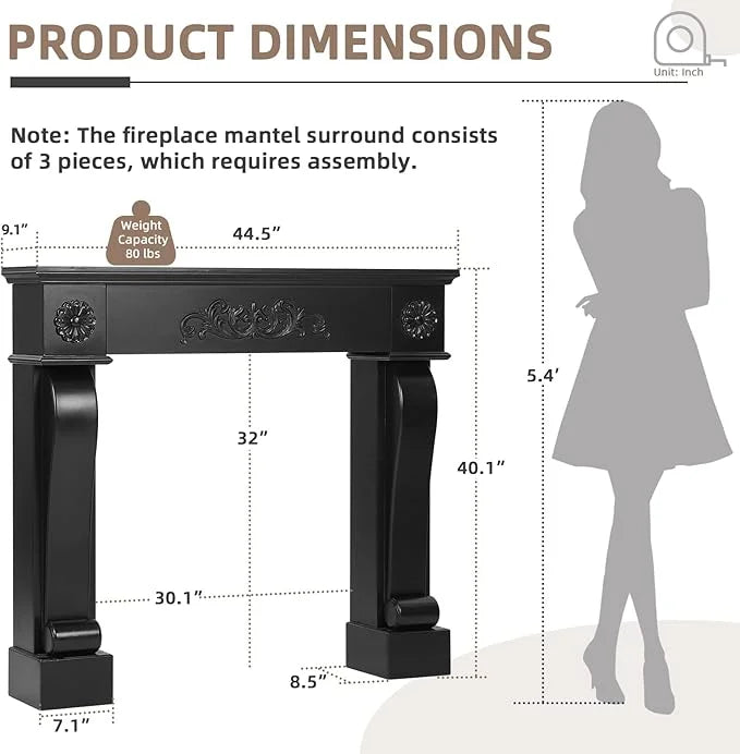 EPICOZY 44.5" Fireplace Mantel, Freestanding Fireplace Surround with Leg for Electric Fireplaces, MDF Mantel Surround with Shelf for Living Room with Decorative Pattern, Anti - Tipping & Waterproof