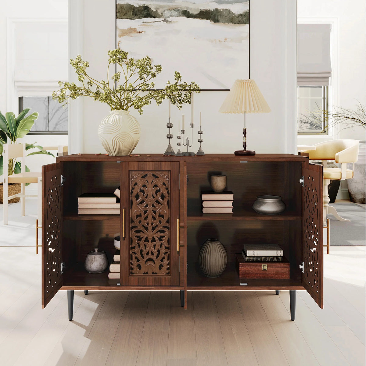 HLR 48" Accent Cabinet with 4 Doors, Vintage Hollow Carving Storage Credenza, Sideboards and Buffets Cabinet for Living Room, Kitchen, Dining Room, Entryway