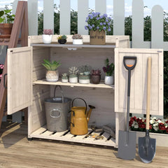 AECOJOY Potting Bench, Outdoor Wooden Storage Cabinet with Adjustable Shelf, Metal Tabletop