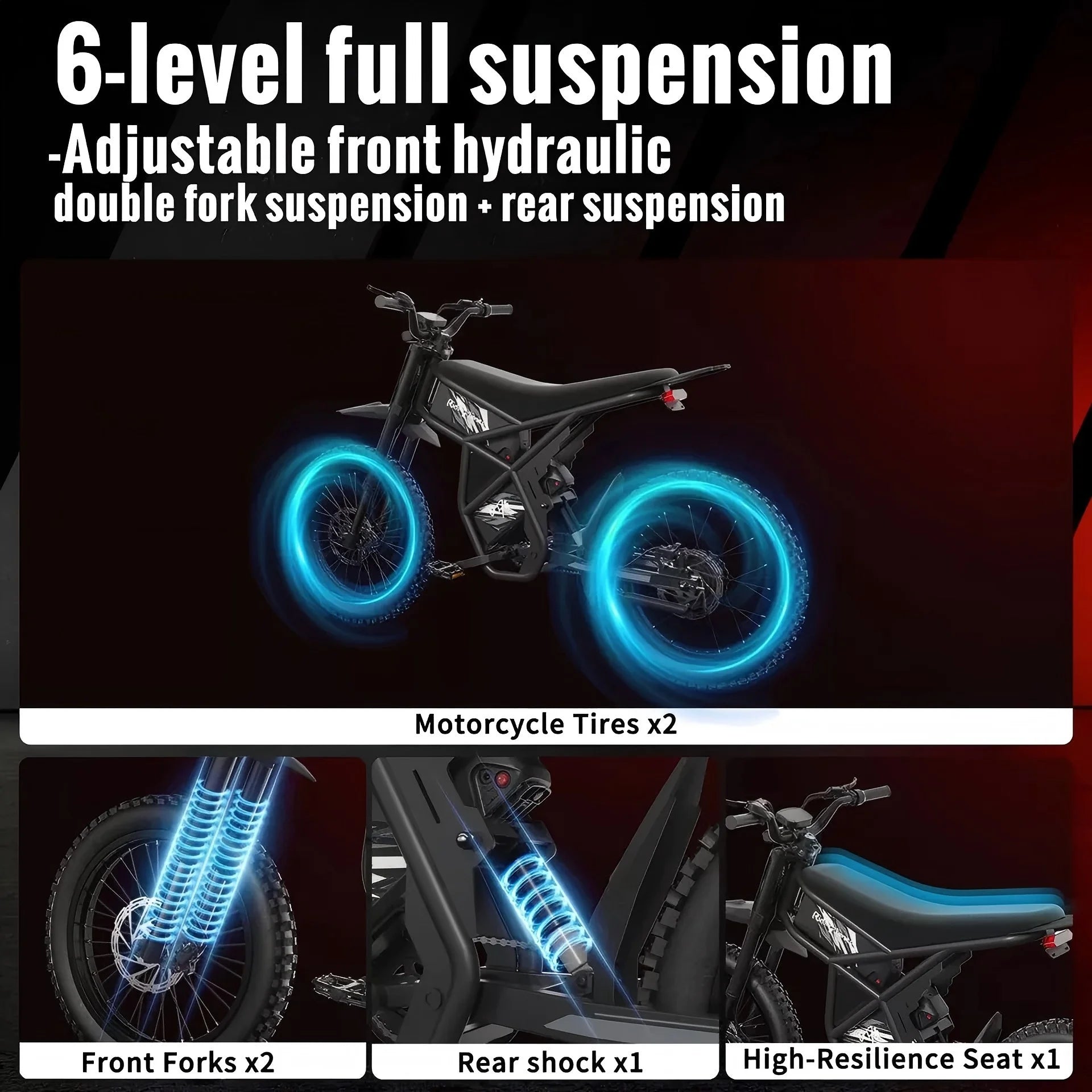 Ridingtimes GT73 Electric Motorbike 2400W 48V 18.2ah*2 Electric BIKE with 25" Tires Digital Screen Carbon Steel, BLACK