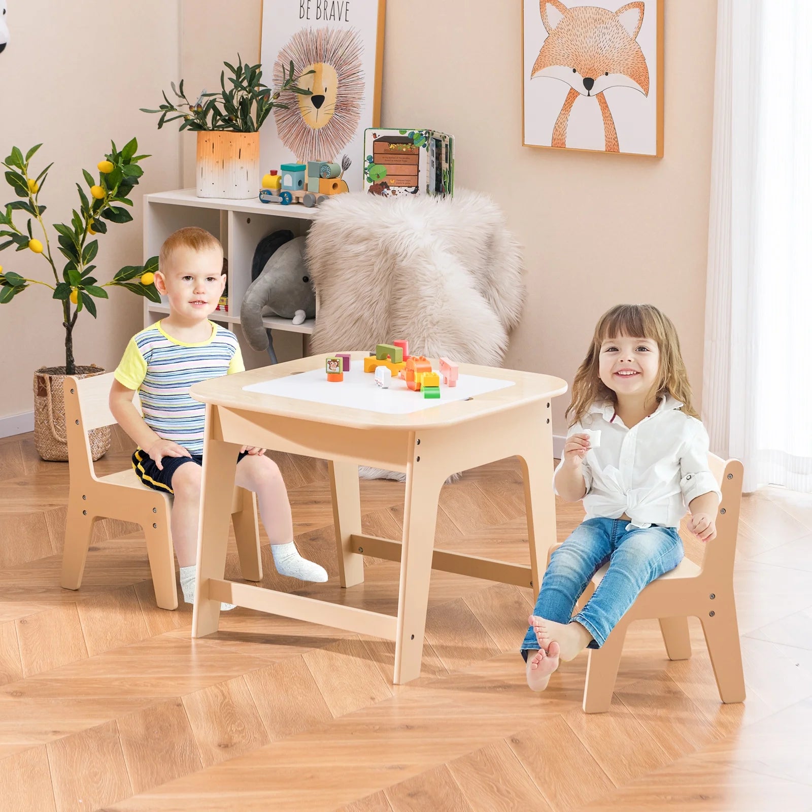 OLAKIDS Kids Table and Chair Set, 3 in 1 Wooden Activity Table with Removable Tabletop, Blackboard and Whiteboard for Toddlers Arts Crafts Drawing Reading Playing, Playroom Nursery (Natural)