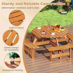 8-Person Round Wood Picnic Table Set with 4 Built-in Benches & 2" Umbrella Hole, Holds 2420 LBS, Outdoor Dining Table & Bench for Patio Garden