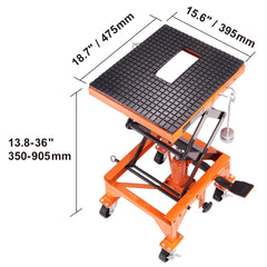 BENTISM Hydraulic Motorcycle Lift Table 350 lb Height 13' - 36' Dirt Bike Scissor Jack Stand with Wide Deck Safety Pin J - Hook