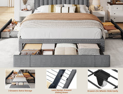 Enhomee Queen Bed Frame with 3 Storage Drawers Upholstered Queen Size Bed Frame with Headboard Noise Free Platform Bed with Metal Frame & Wood Slats Support Beige Bedroom Furniture for Adults Clothes