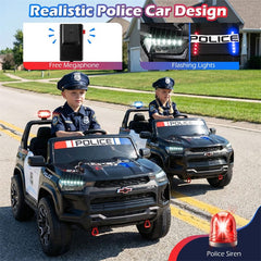 24V 4WD 2-Seater Ride on Police Car, Licensed Chevrolet Kids Electric Vehicle with Remote Control, Megaphone, Siren, Flashing LED Lights & Storage