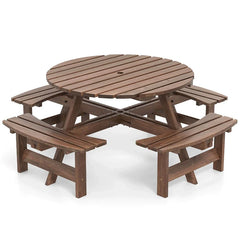 8-Person Round Wood Picnic Table Set with 4 Built-in Benches & 2" Umbrella Hole, Holds 2420 LBS, Outdoor Dining Table & Bench for Patio Garden
