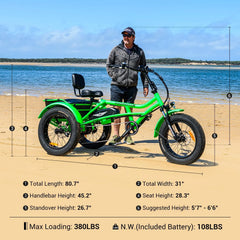 Addmotor M - 360II Semi - Recumbent Electric Trike, 85MI, Fat Tire 3 Wheel Electric Bike for Adults, 750W 48V 20ah Electric Tricycle for Seniors, 20" Electric Trike with Speed Differential, Green