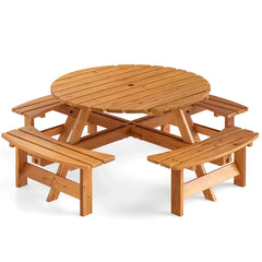 8-Person Round Wood Picnic Table Set with 4 Built-in Benches & 2" Umbrella Hole, Holds 2420 LBS, Outdoor Dining Table & Bench for Patio Garden