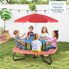 8-Person Kids Picnic Table Bench Set with Removable & Foldable Umbrella, Toddler Outdoor HDPE Activity Table and Chair Set for Backyard Patio