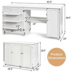 62.5" Folding Sewing Table Rolling Craft Station with Storage Cabinet & Shelves, Foldable Sewing Machine Desk w/ Lockable Wheels for Home