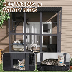 AECOJOY Catio Outdoor Cat Enclosure with Window Access, Large Window Catio Wood Cat House with 4 Platforms & 3 Doors