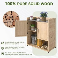 AECOJOY Potting Bench, Outdoor Wooden Storage Cabinet with Adjustable Shelf, Metal Tabletop