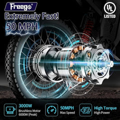 6000W(Peak) Motor 60V/35ah Battery, Freego X2pro Electric Motorcycle for Adults, Electric Bike 50MPH/7 Speed Off Road Electric Bicycle, 19x2 Full Suspension/Four - Piston Hydraulic Brake UL2849MTB