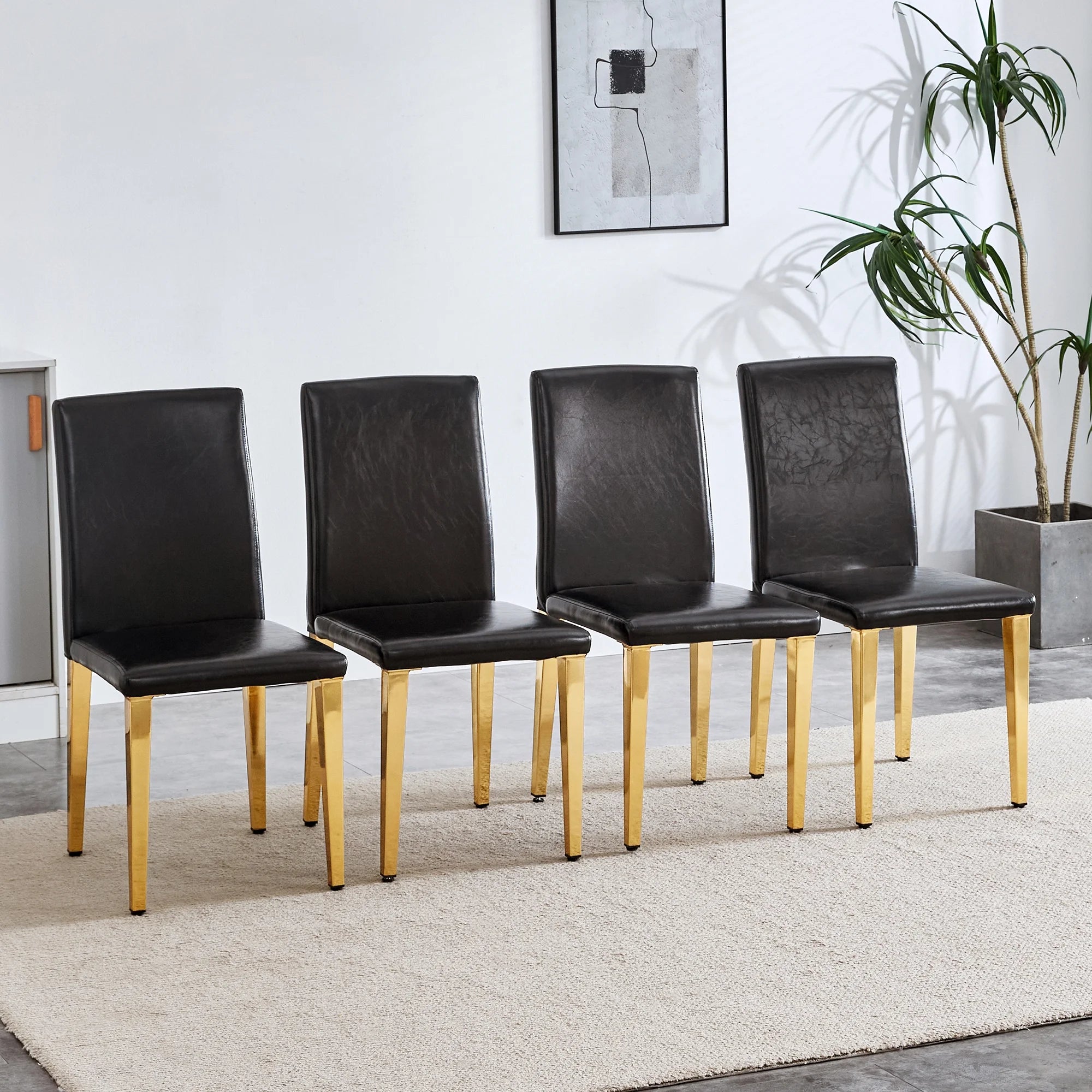 Set of 4 Black PU Leather Backrest Chairs with Gold Metal Legs - A Perfect Pairing, Ideal for Minimalist and Modern Home Decor Styles, with Product Dimensions of 16.2*18.5*34.6 in