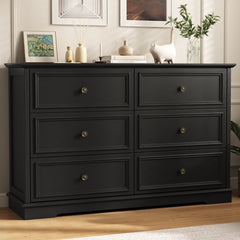IDEALSOUL Black Dresser, 6 Drawer Dresser for Bedroom, Retro Wood Storage Cabinet for Living Room